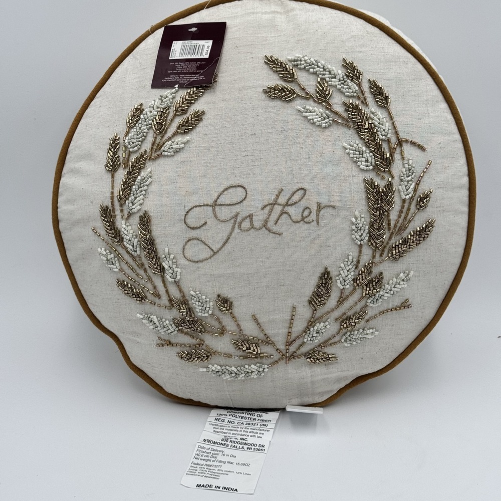 Celebrate Together Gather Beaded Round Throw Pillow 16in Egret NWT